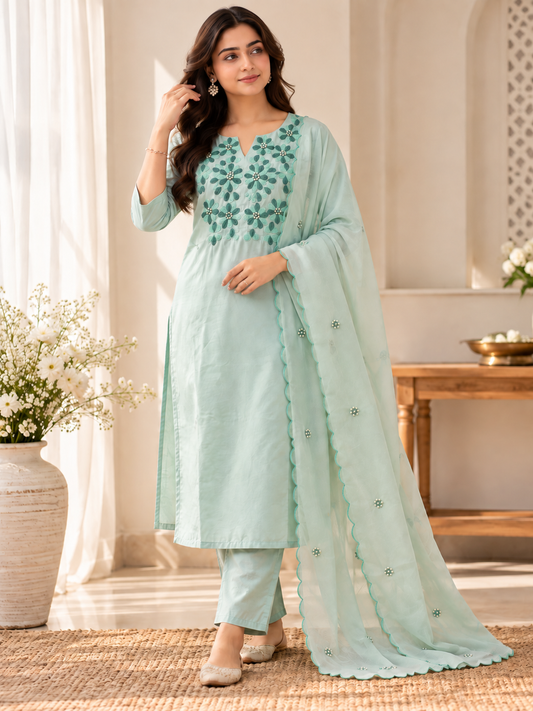 Light Blue Dola Silk Floral Embroidered Kurta Set