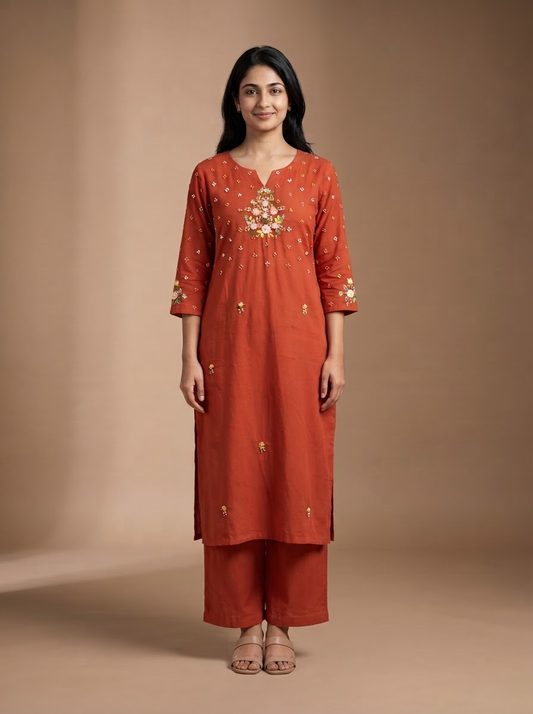 Burnt Orange Handloom Cotton Hand-Embroidered Kurta Pant Set