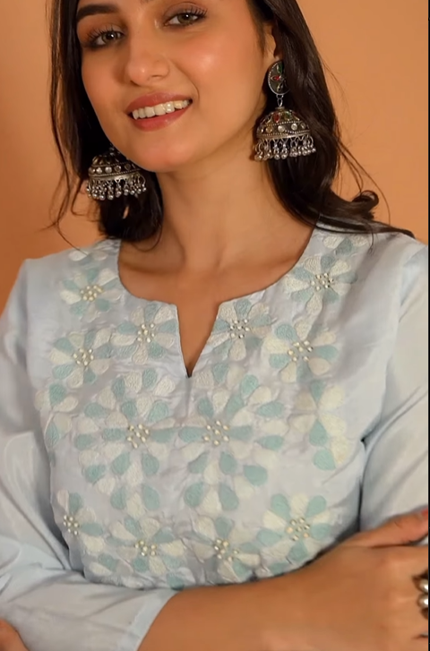 Light Blue Dola Silk Floral Embroidered Kurta Set