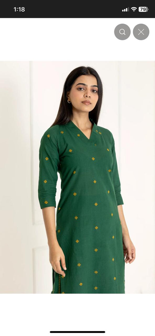 Forest Green Pure Cotton Motif Kurta Pant Set