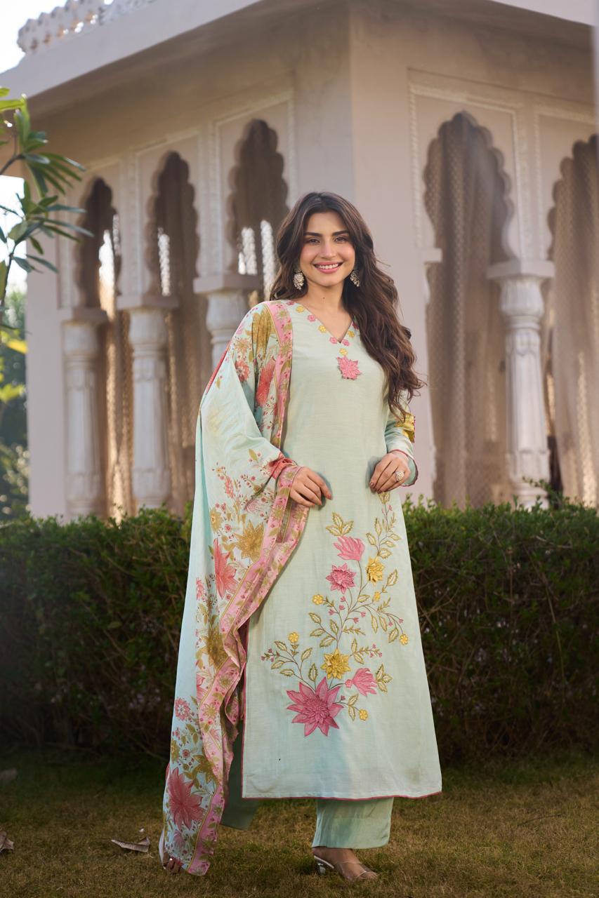 Mint Green Chanderi Silk Appliqué Embroidered Kurta Set