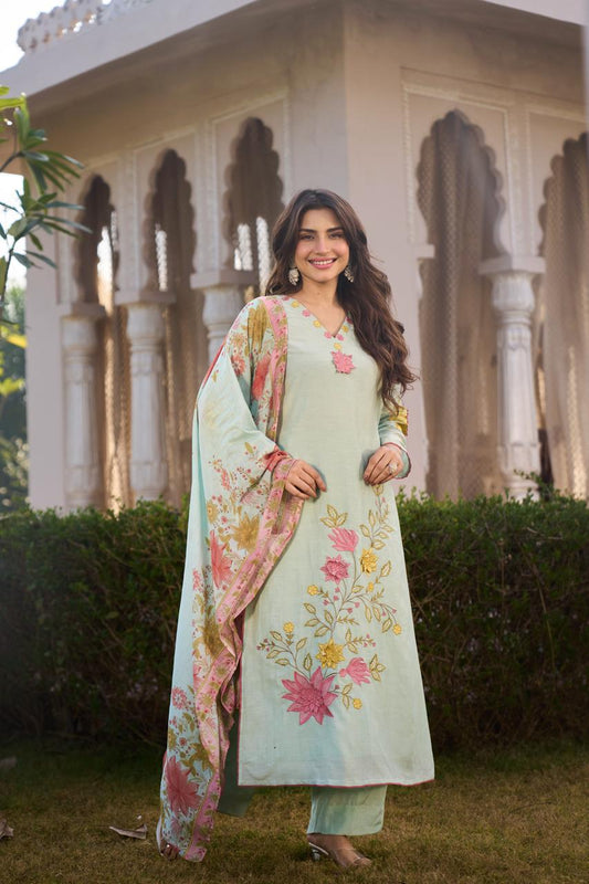 Mint Green Chanderi Silk Appliqué Embroidered Kurta Set