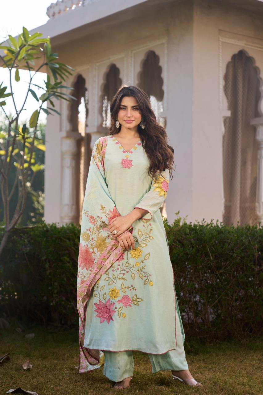 Mint Green with Pink Floral Embroidery - Mul Chanderi silk suit