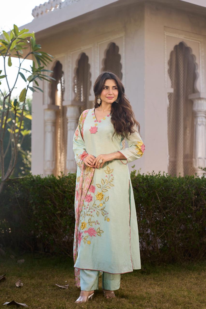Mint Green with Pink Floral Embroidery - Mul Chanderi silk suit
