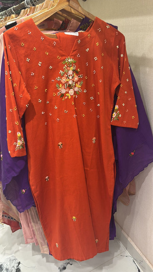 Burnt Orange Handloom Cotton Hand-Embroidered Kurta Pant Set