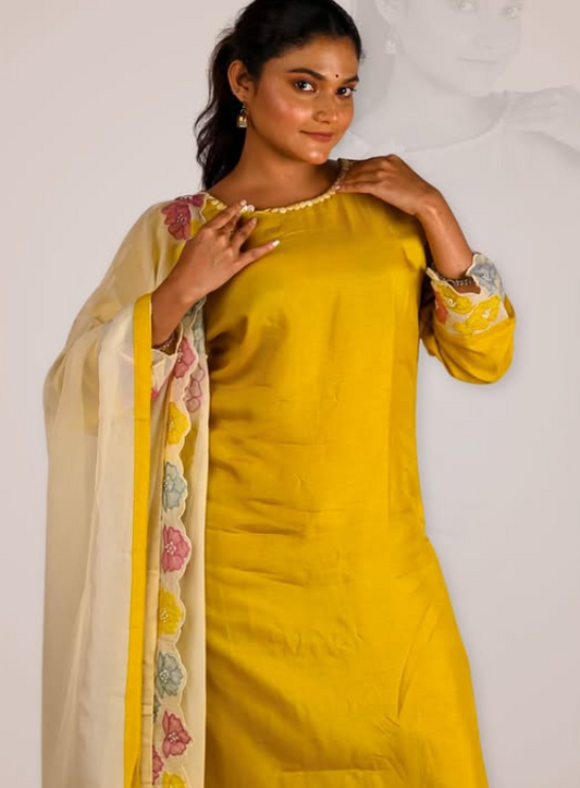 Yellow Applique Silk Suit