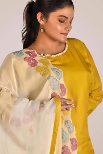 Yellow Applique Silk Suit