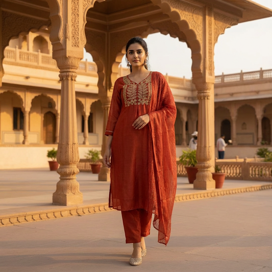 Rust Orange Embroidered Suit Set