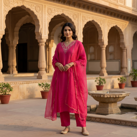 Hot Pink Dola Silk 3-piece Suit
