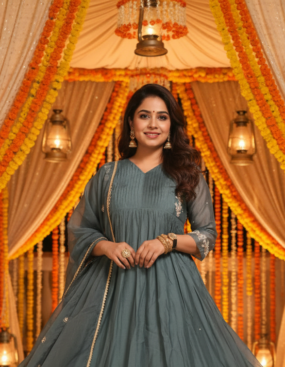 Grey Chanderi Silk Suit