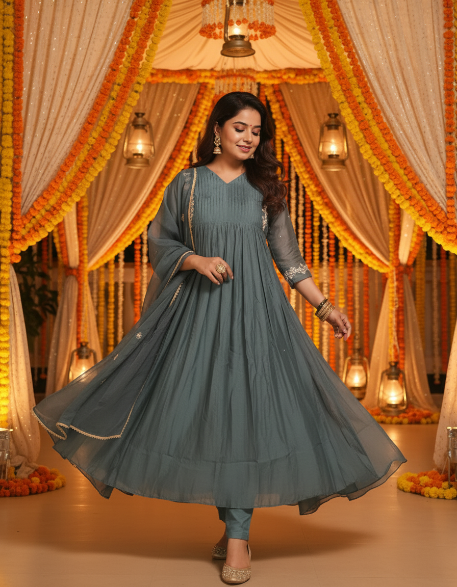 Grey Chanderi Silk Suit