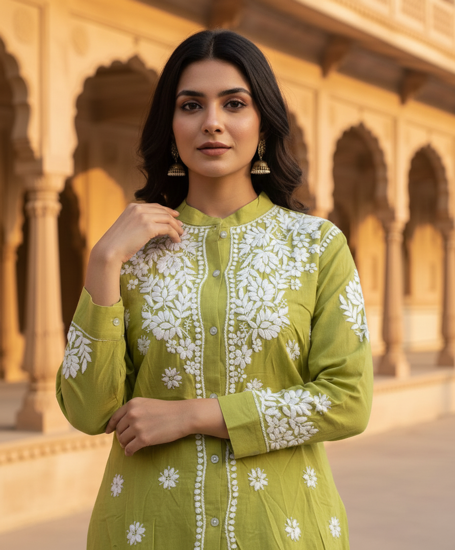 Green Chikankari Hand Embroidered Modal Short Kurti