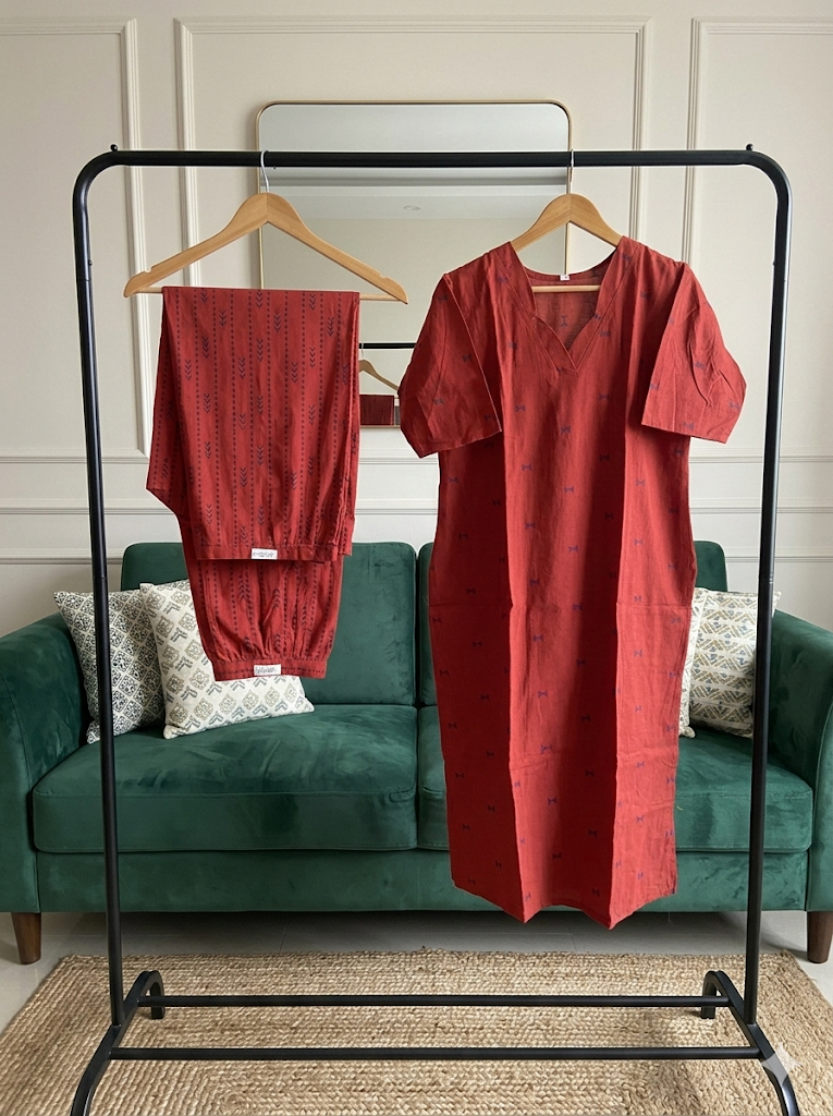 Rust Red Pure Cotton Printed Kurta & Pant Set | Summer Office Wear