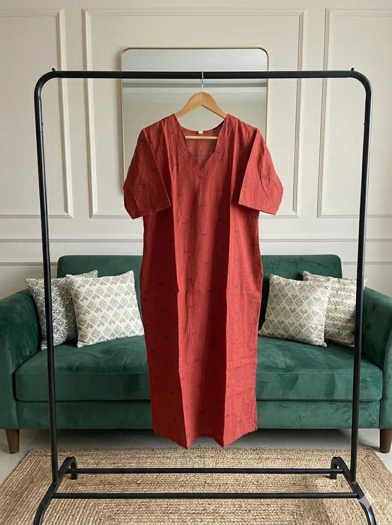 Rust Red Pure Cotton Printed Kurta & Pant Set | Summer Office Wear