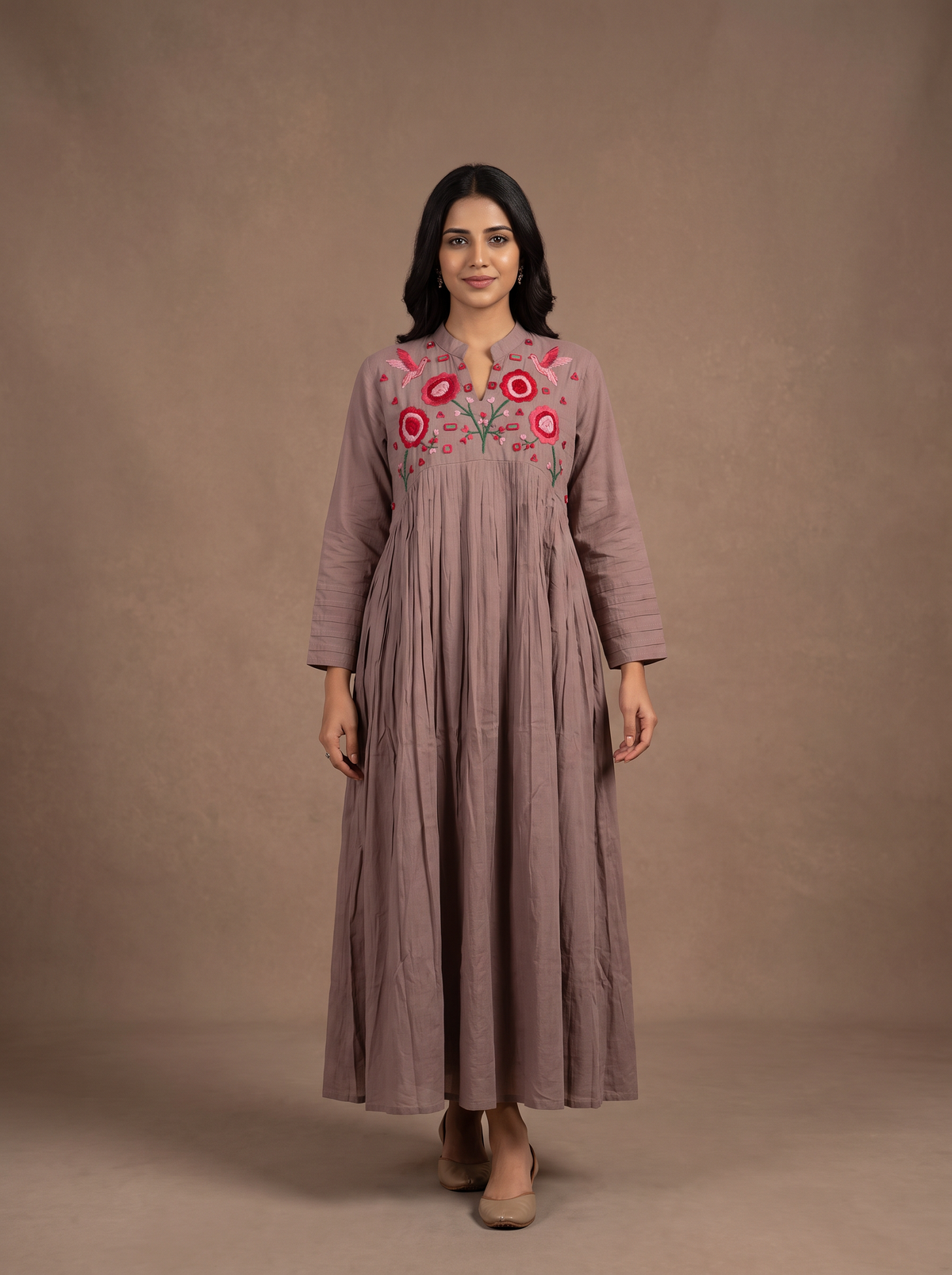 Dusty Mauve Hand-Embroidered Mirror Work Mul Cotton A-Line Maxi Dress