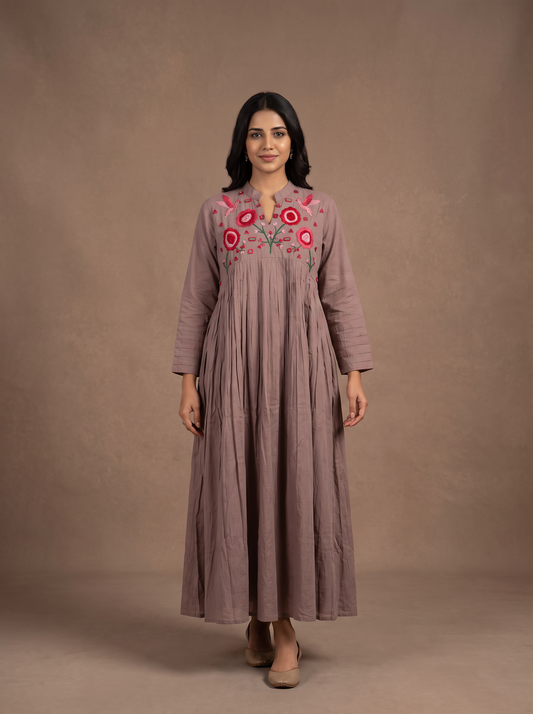 Dusty Mauve Hand-Embroidered Mirror Work Mul Cotton A-Line Maxi Dress