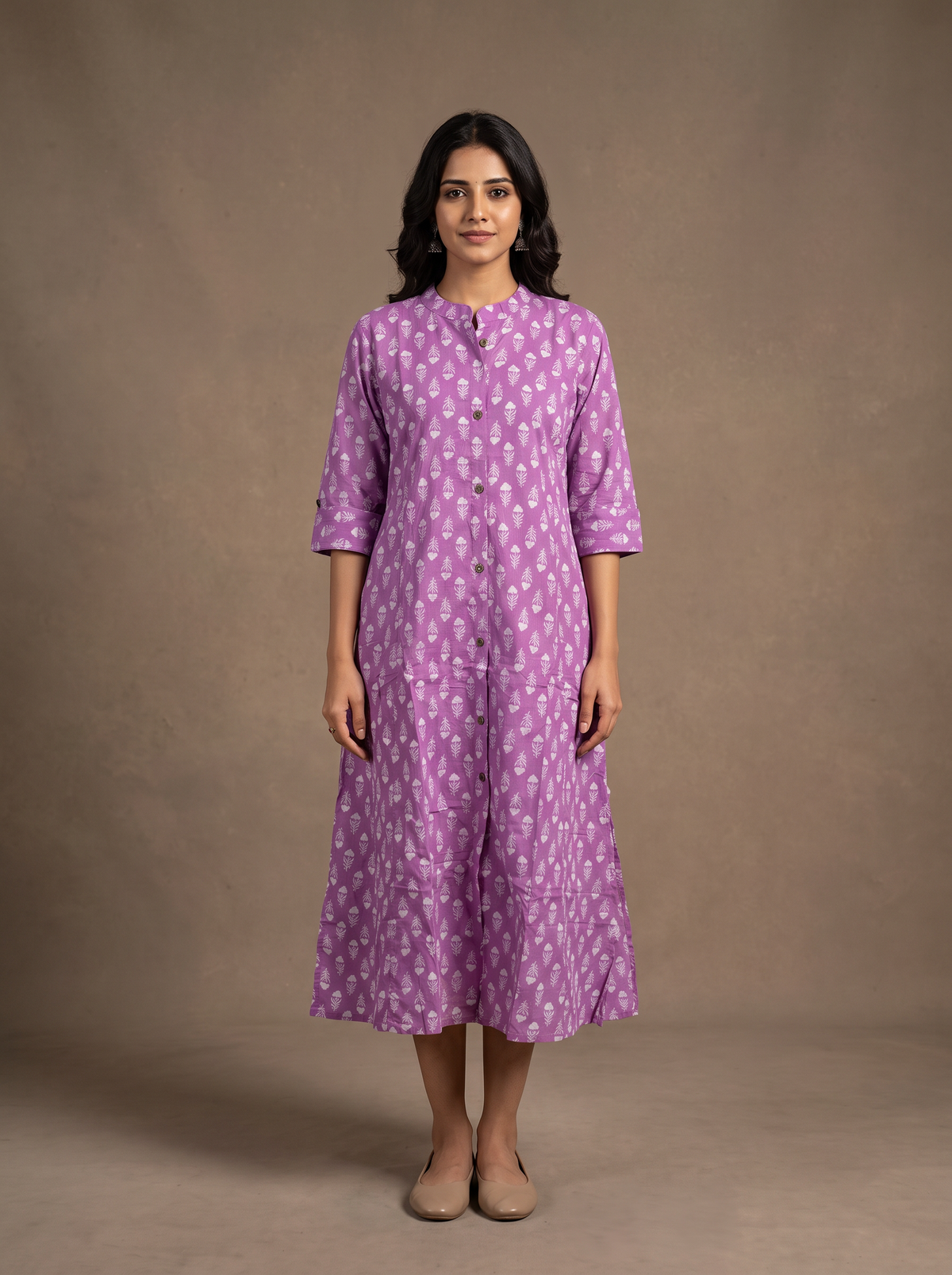 Lilac Leaf Print Pure Cotton A-Line Midi Dress