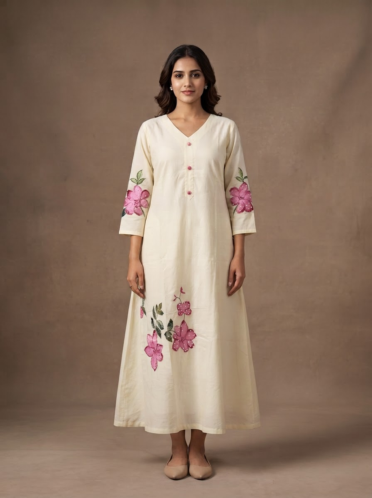 Cream Hand-Painted Floral Mul Cotton A-Line Maxi Dress