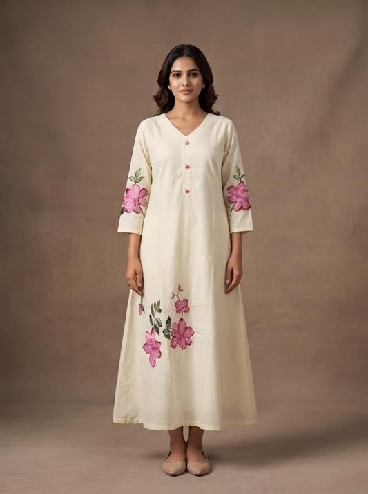 Cream Hand-Painted Floral Mul Cotton A-Line Maxi Dress