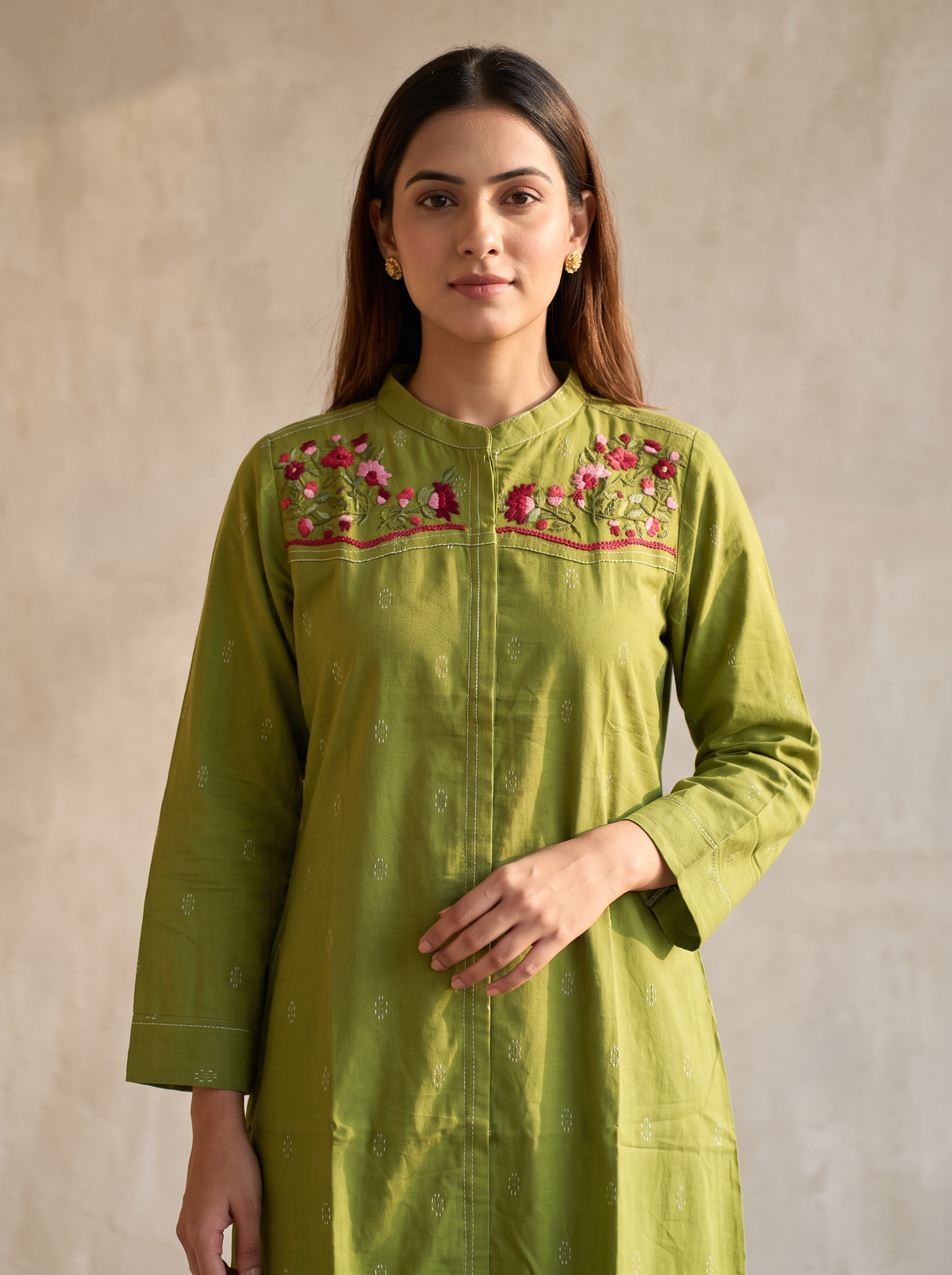 Olive Green Handwoven Jamdani Floral A-Line Dress
