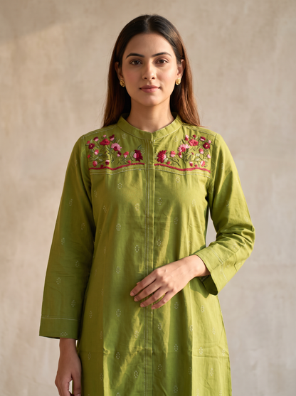 Olive Green Handwoven Jamdani Floral A-Line Dress