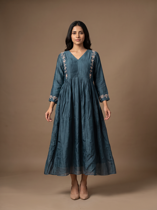 Teal Blue Pure Chanderi Silk Zardosi Kurta Set