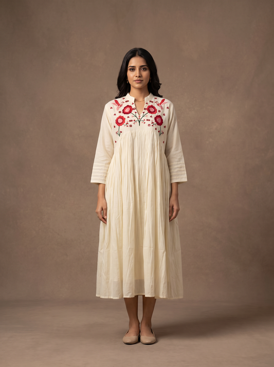 Off White Hand-Embroidered Mirror Work Mul Cotton A-Line Maxi Dress