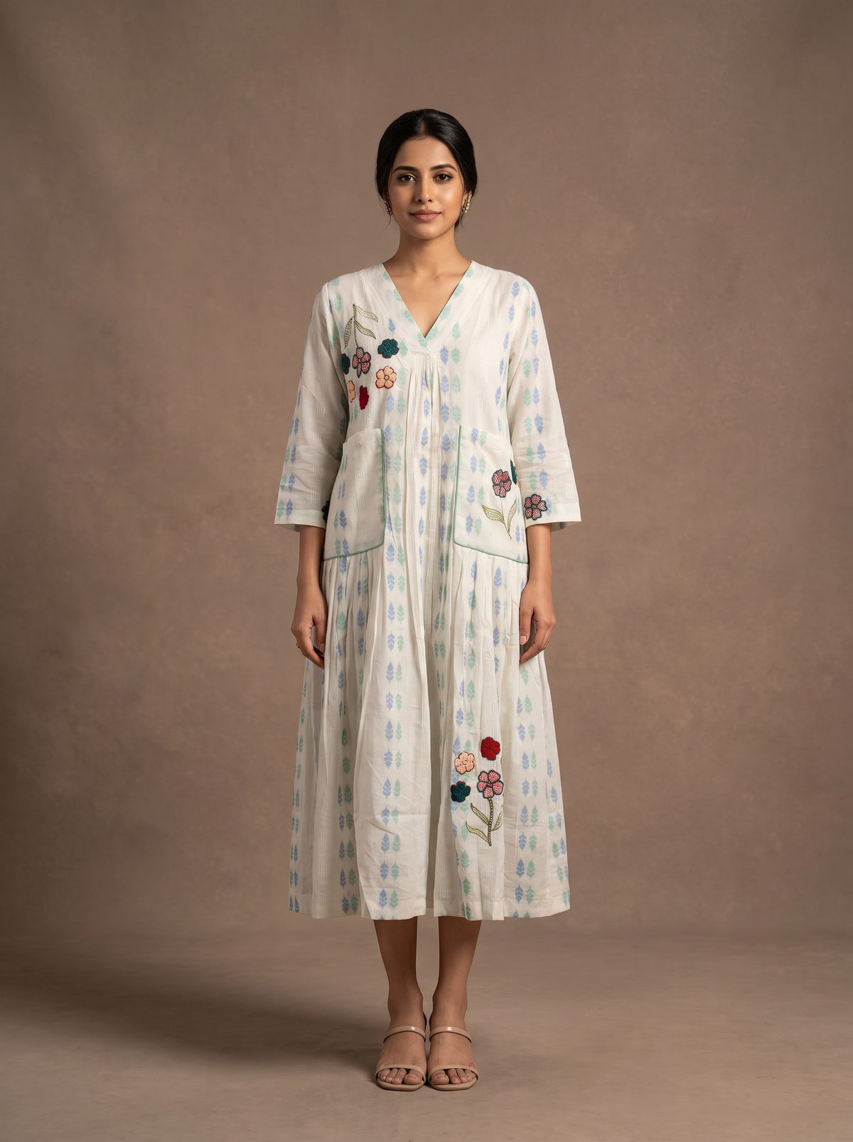 White Jamdani Mul Cotton A-Line Midi Dress