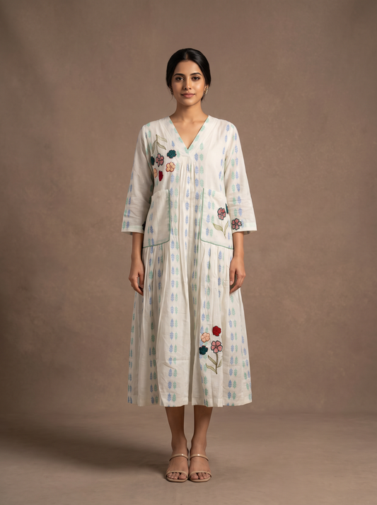 White Jamdani Mul Cotton A-Line Midi Dress