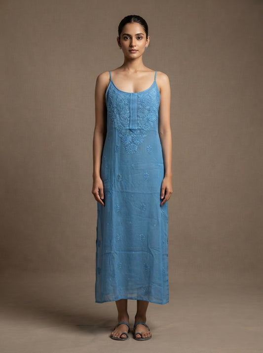 Sky Blue Chikankari Georgette Strappy Straight Long Kurta