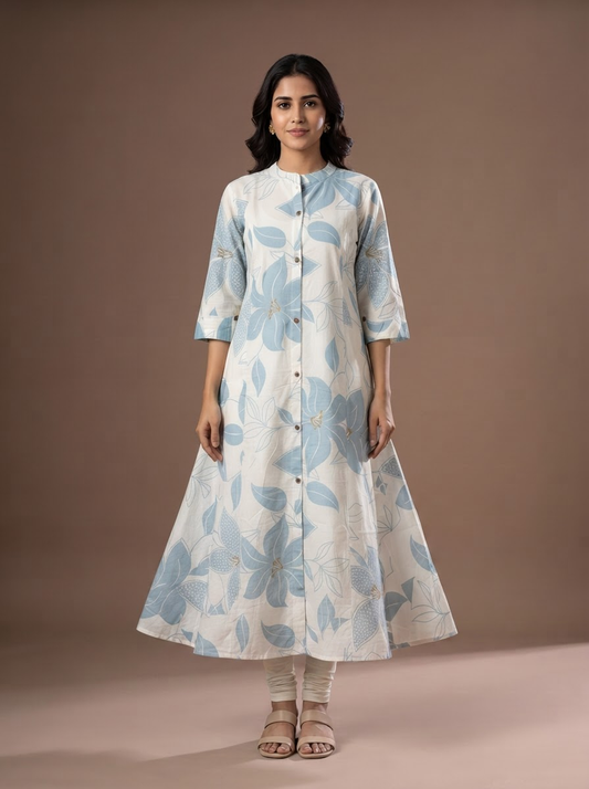 Ivory Blue Botanical Print Pure Cotton A-Line Maxi Dress