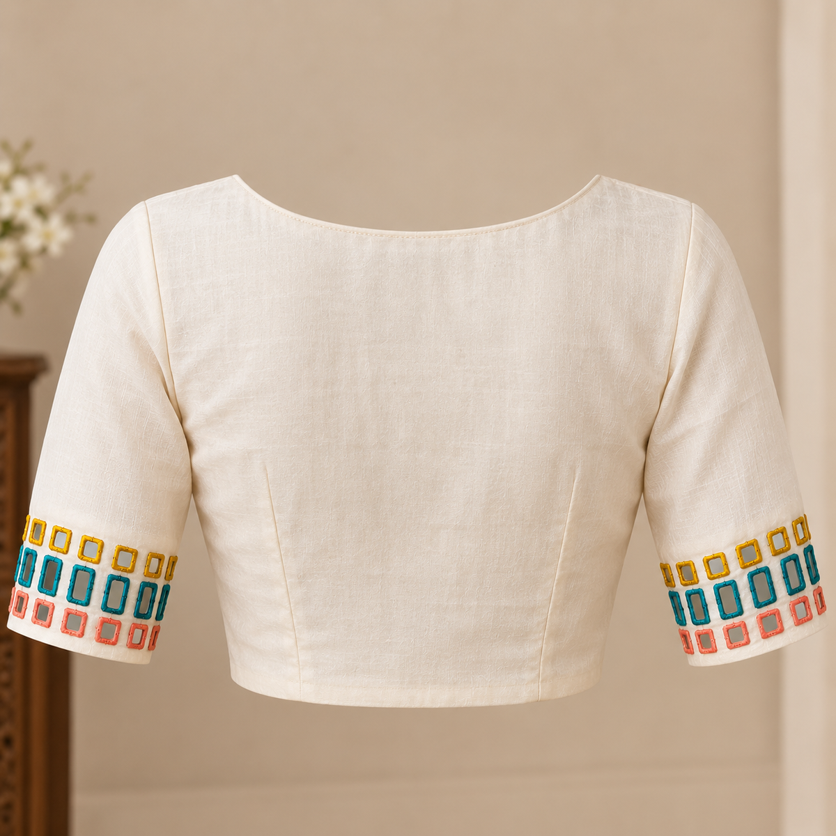 Off-White Modal Silk Multicolour Mirror Work Blouse Fabric – 1 Metre