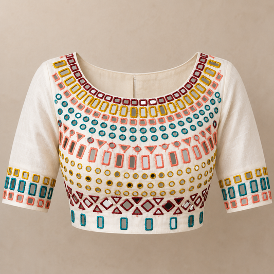 Off-White Modal Silk Multicolour Mirror Work Blouse Fabric – 1 Metre