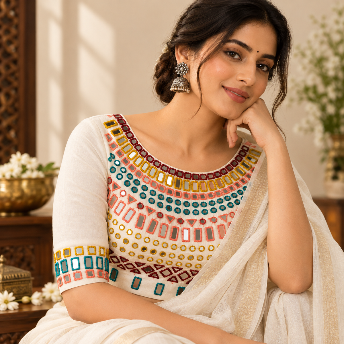 Off-White Modal Silk Multicolour Mirror Work Blouse Fabric – 1 Metre