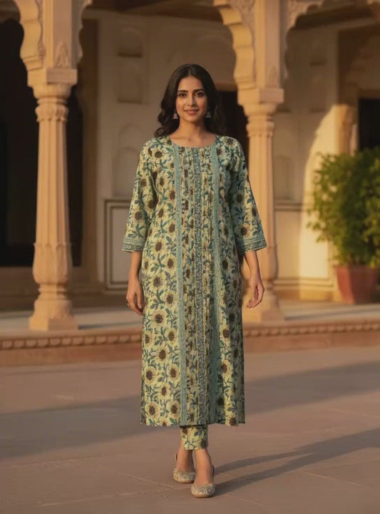Sage Green Floral Print Pure Cotton Straight Long Kurta