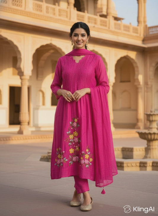 Fuchsia Pink Hand-Embroidered Mul Chanderi Silk Suit Set